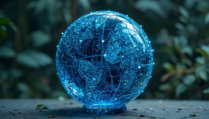 blue glowing digital globe with circuit map pattern in forest