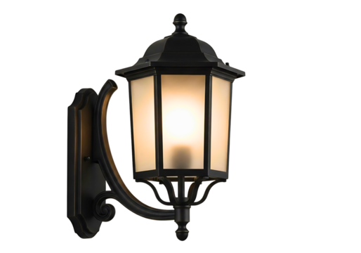Ornate black outdoor wall lantern with frosted glass isolated on transparent background