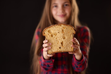 Girl Holding italian Panettone Bread, Christmas holidays, homemade baking, tradition and food