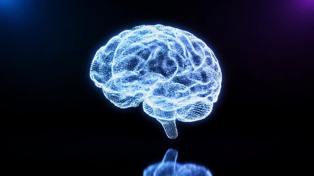 A glowing, detailed, and translucent digital representation of a human brain against a dark background.