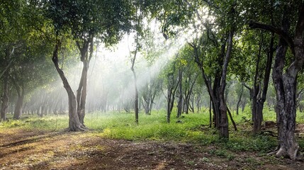 Obraz premium camphor. Sunlight filtering through a forest of camphor trees with visible light rays. travel magazines, destination branding, designed for travel destination branding, used by logistics managers.