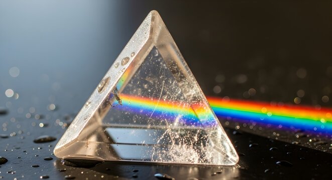 Captivating studio shot of a triangular crystal prism refracting light into a vibrant rainbow, set against a dark, wet background, ideal for science concepts. - Powered by Adobe