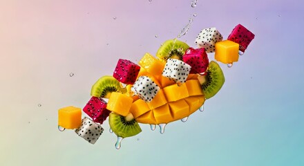 Surreal Floating Fruit Salad with Droplets Frozen Mid Air Against a Soft Pastel Sky