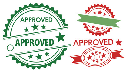 Professional vector approved stamp set in green and red, quality guaranteed, symbolizing trust and reliability for products and services with a vector origin