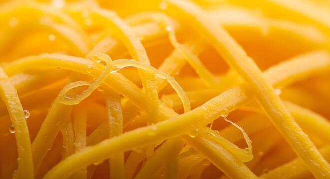 Close-up of delicious yellow noodles with water droplets, evoking freshness and culinary delight. Perfect for food blogs, menus, and recipe illustrations.