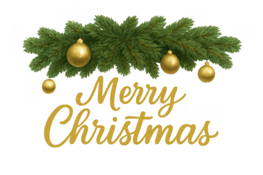 Merry christmas lettering with green pine branch garland and golden baubles on transparent background