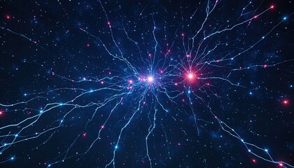 Naklejka premium Stunning neural network connections firing with vibrant energy in a deep space background, perfect for technology, science, or innovation concepts