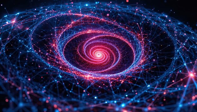 Stunning abstract futuristic spiral with vibrant red and blue lights, creating a dynamic and modern data flow visualization for technology concepts