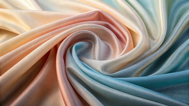 Colorful, silky fabric arranged in swirling folds, showcasing a blend of pastel hues and a lustrous texture.