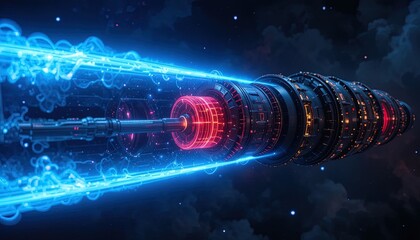 Futuristic spaceship hurtling through the galaxy at warp speed with glowing blue energy trails and intense red core lighting in a vast cosmic expanse