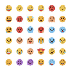 A diverse collection of colorful emoji faces expressing various emotions.