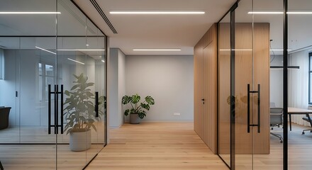 Obraz premium Modern office interior with glass partitions wooden accents and indoor plants