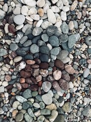 A gradient color transition on sea pebbles, shifting smoothly from white through shades of gray to deep brown, creating a natural and harmonious seaside pattern