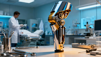 Futuristic Robotic Leg Design in Laboratory with Scientist in Background