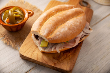 Mexican ham sandwich, in Mexico it is called Torta de Jamon, it is the most popular of the Mexican Tortas and the recipe varies depending on who prepares it, made with bolillo o telera bread.