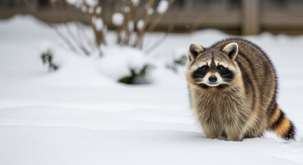 Obraz premium Raccoon in winter wonderland, with snowy backdrop showcasing its curious nature. Raccoon is standing in snow, surrounded by fresh snow, emphasizing its adaptability.