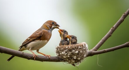 Naklejka premium Parent bird feeding hungry chicks in a nest on a tree branch.
