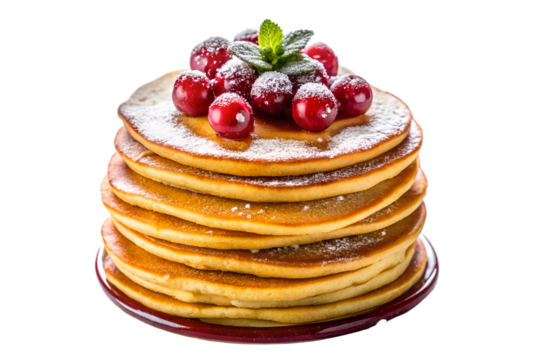 Fluffy Stack of Pancakes Garnished with Cranberries, Mint, and Powdered Sugar for a Delicious Breakfast