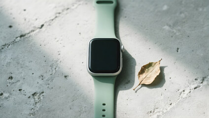 Ai burnout wearable watch minimal style modern design green strap smart device matte screen metal case soft light leaf concrete surface calm mood