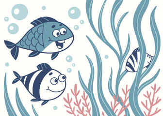 Fototapeta premium Childish seamless pattern with cute fish undersea scene and seaweed for print, wallpaper, kids swimwear, textile fabric and wrapping paper. Vector illustration