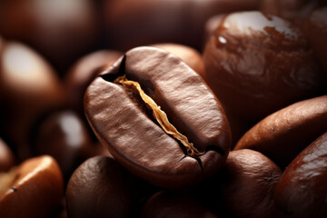 Roasted coffee beans closeup food texture dark brown background caffeine aromatic fresh morning drink energy 