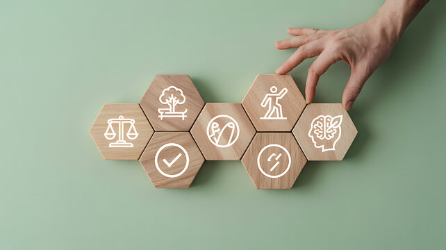 Hand arranging wooden hexagon blocks with icons representing life values