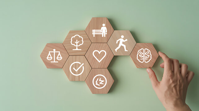 Hexagonal wooden tiles with icons representing wellness and lifestyle choices