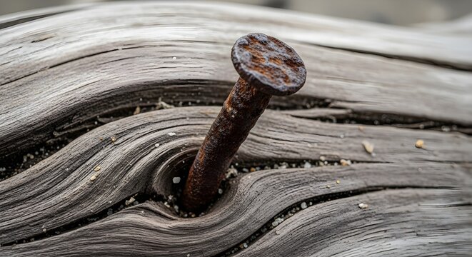 Close-up of a rusty nail embedded in weathered driftwood, showcasing texture and decay.