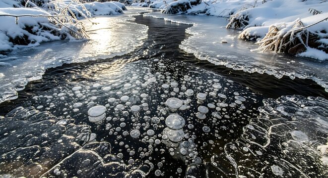 Bubbles trapped in ice on a partially frozen stream in a snowy winter landscape