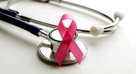 Pink ribbon symbol of breast cancer awareness rests on a medical stethoscope on a white background