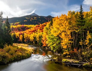 Obraz premium Scenic autumn river flowing through vibrant, colorful forest with mountain backdrop