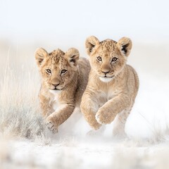 Two Cute Lion Cubs Joyfully Running and Jumping in the Savannah&rdquo;