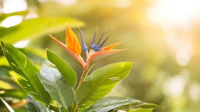 Bird of paradise flower with vibrant orange and blue petals and green leaves in bright sunlight against a soft bokeh background