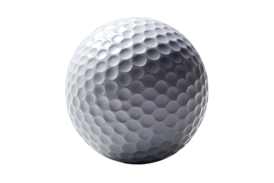 Detailed close-up of a single white golf ball with its iconic dimpled texture, isolated on a clean white background. Perfect for sports, recreation, and leisure concepts