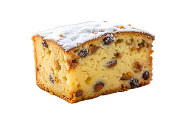 Close-up shot of a delicious fruitcake, dusted with powdered sugar, ready to be served as a sweet treat