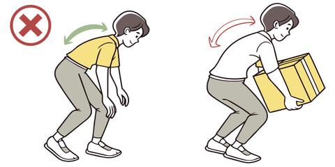 Safe lifting techniques demonstrated for workplace safety training and ergonomic education, originally a vector graphic