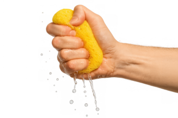 Hand squeezing yellow cleaning sponge, water dripping, symbolizing cleaning, effort, and freshness process