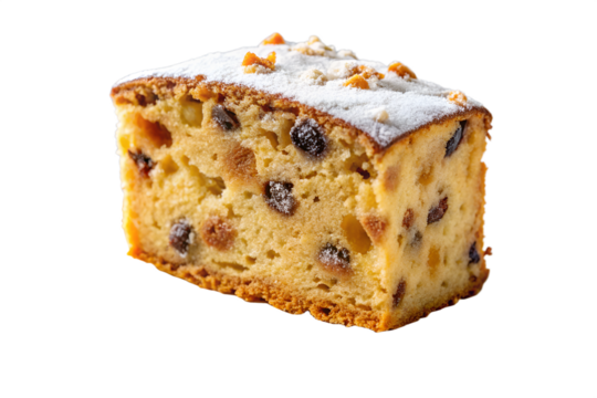 Delicious Slice of Cake with Raisins and Nuts on a White Background, Perfect for Dessert or a Special Occasion, Isolated