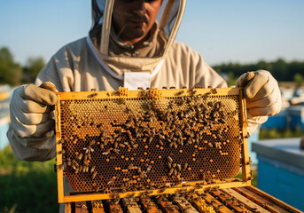 Beekeeper inspecting a honeycomb frame with bees in apiary outdoors on sunny day