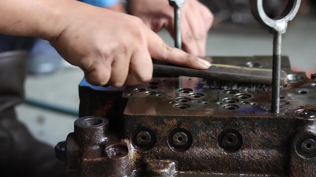 Close-up of a worker cleaning corrosion and grime from a heavy hydraulic valve block surface using a metal wire brush during equipment maintenance.