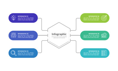 Fototapeta premium Process Mind Map Layout with 6 Options for Project Goals and Teamwork. Presentation, Strategy and Plan. Vector illustration.