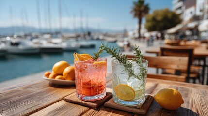 Fototapeta premium Two Refreshing Cocktails With Citrus Garnish On A Wooden Table With A Waterfront View And Boats In The Background On A Sunny Day