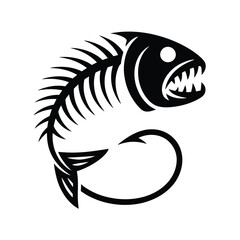 Stylized black silhouette of a menacing fish skeleton with sharp teeth and a fishing hook