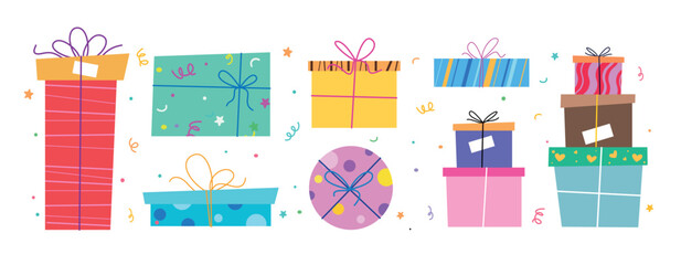 Bright vector illustration of wrapped gift boxes with ribbons and confetti on white background. Ideal for birthday cards, party invitations, and celebration decorations.