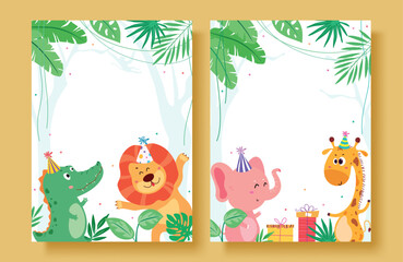 Cute jungle animal birthday invitation template with tropical leaves and party hats. Fun editable vector layout for kids’ party cards, posters, and printable designs.