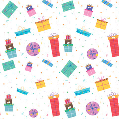 Seamless pattern of colorful birthday gift boxes with ribbons and confetti. Fun and festive vector background for party wrapping paper, packaging, or birthday card design.
