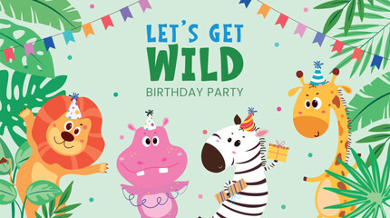 Let’s Get Wild jungle birthday party illustration with cute animals wearing party hats. Fun tropical-themed vector design for kids’ invitations and celebration decorations.