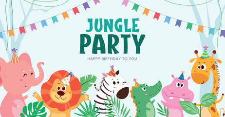 Jungle Party birthday banner with cute cartoon animals wearing party hats. Fun and colorful tropical vector design for kids’ birthday invitations, posters, and greeting cards.