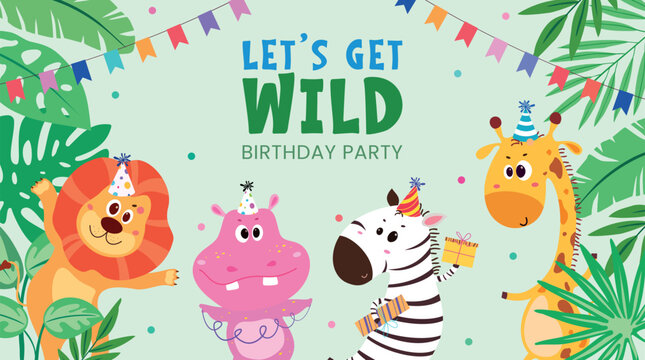 Let&rsquo;s Get Wild jungle birthday party illustration with cute animals wearing party hats. Fun tropical-themed vector design for kids&rsquo; invitations and celebration decorations.