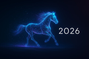 Futuristic blue digital horse representing the Chinese zodiac year 2026. Majestic glowing animal symbol of technology and progress